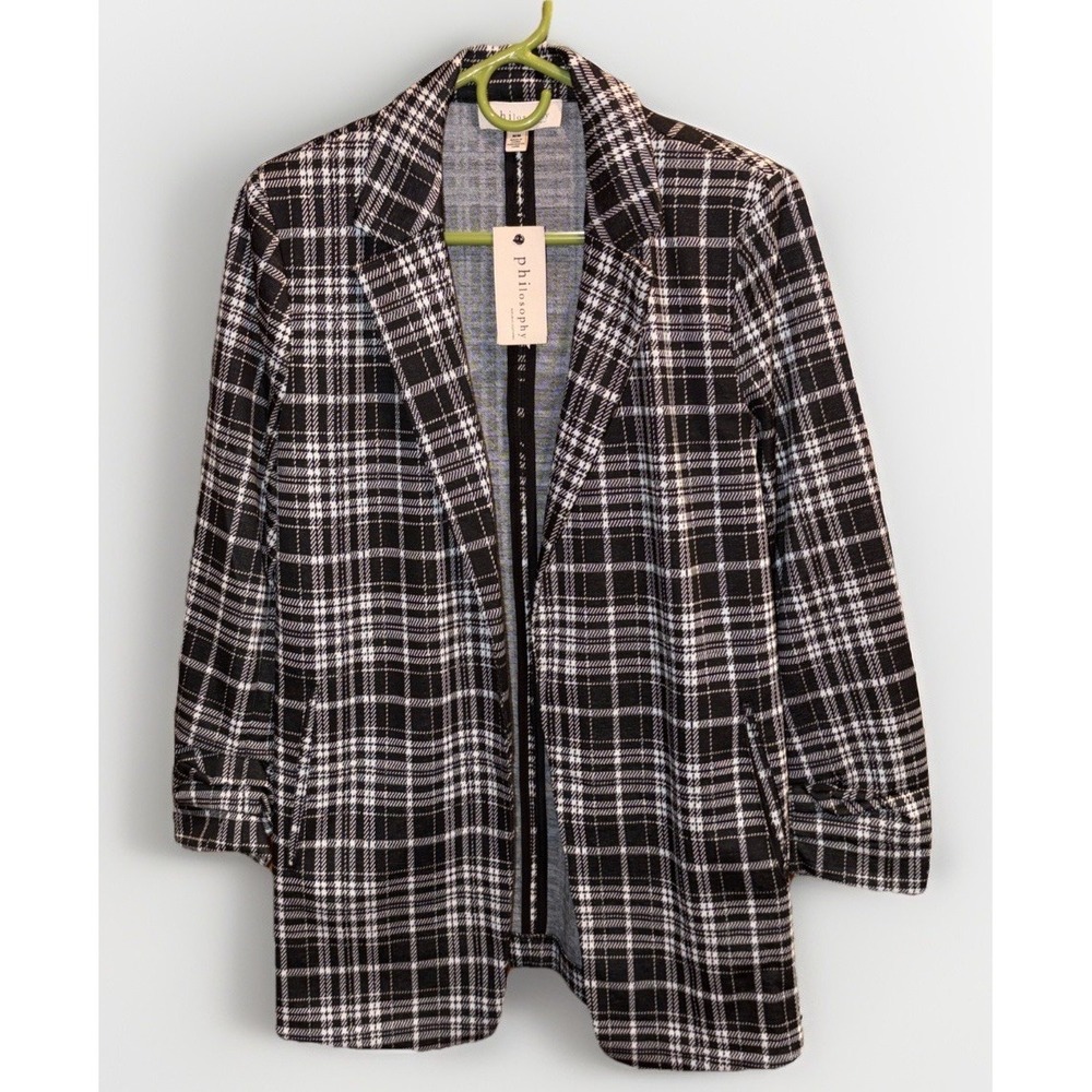 Open Front Black/White Plaid Jacket Size M NWT Academia/Old Money Orig $88!